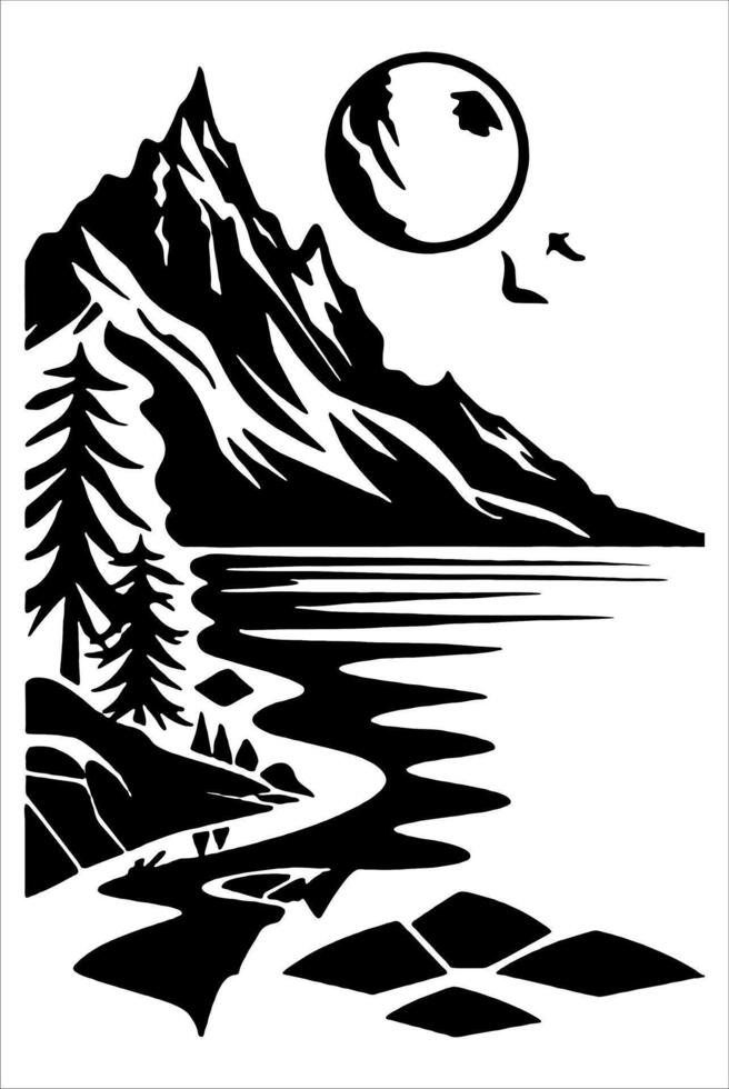 Mountain Lake Scene with Moon and Trees vector