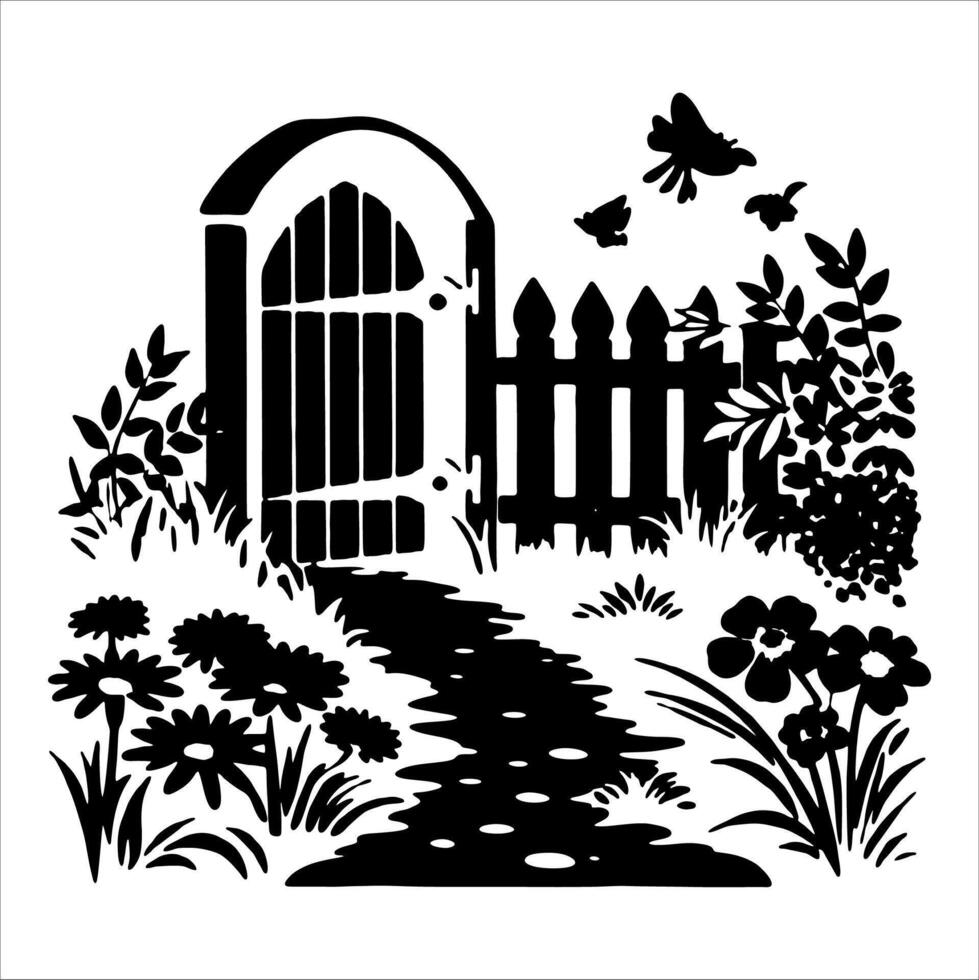 A charming garden scene with a gate, path, and flowers. vector
