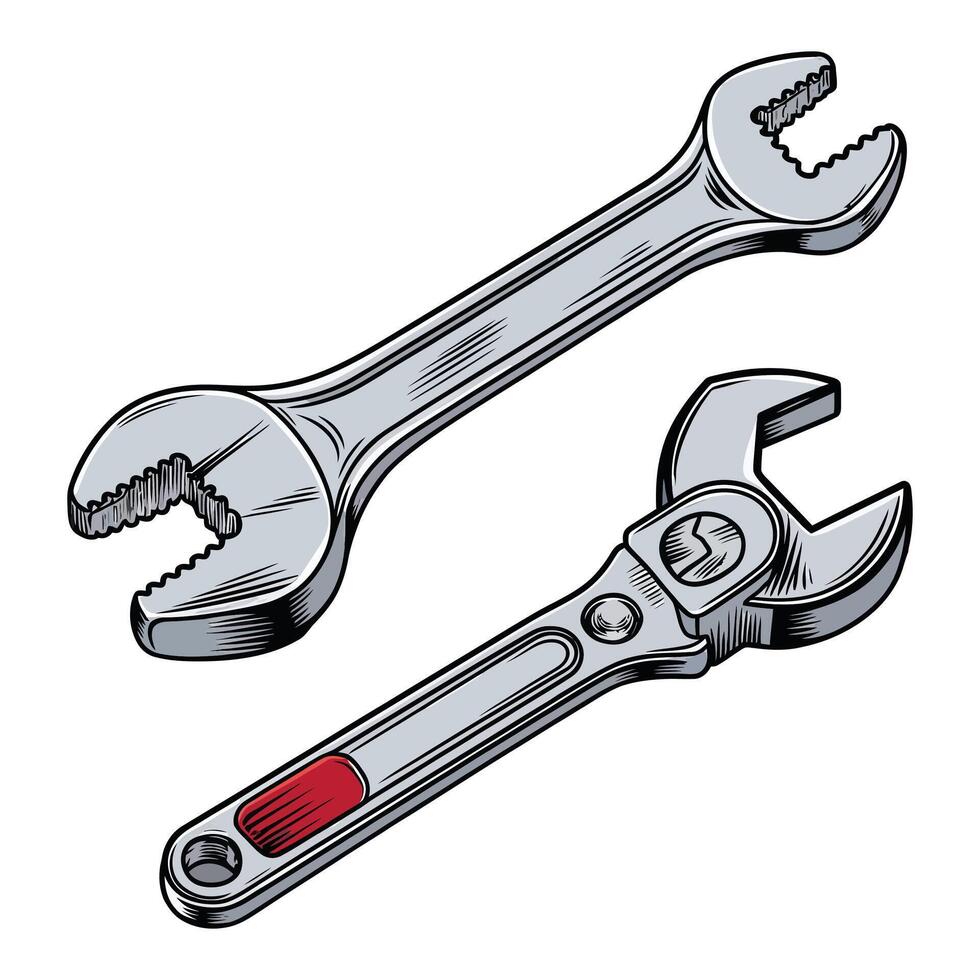 Wrench and Adjustable Spanner Sketch. vector