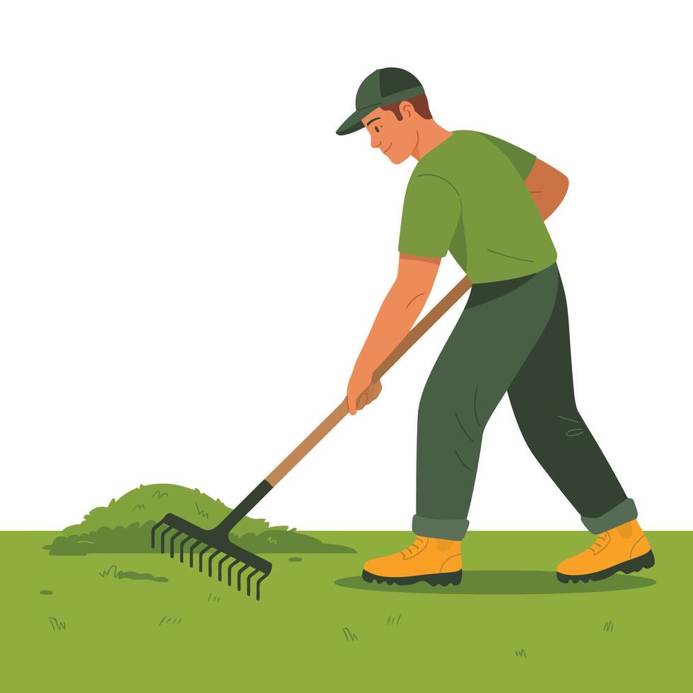 Man with rake and shovel in the garden vector