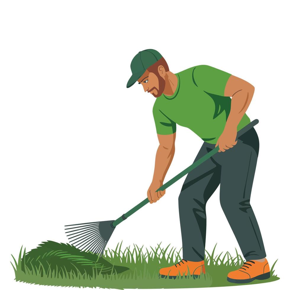 Man raking the lawn with a rake illustration vector