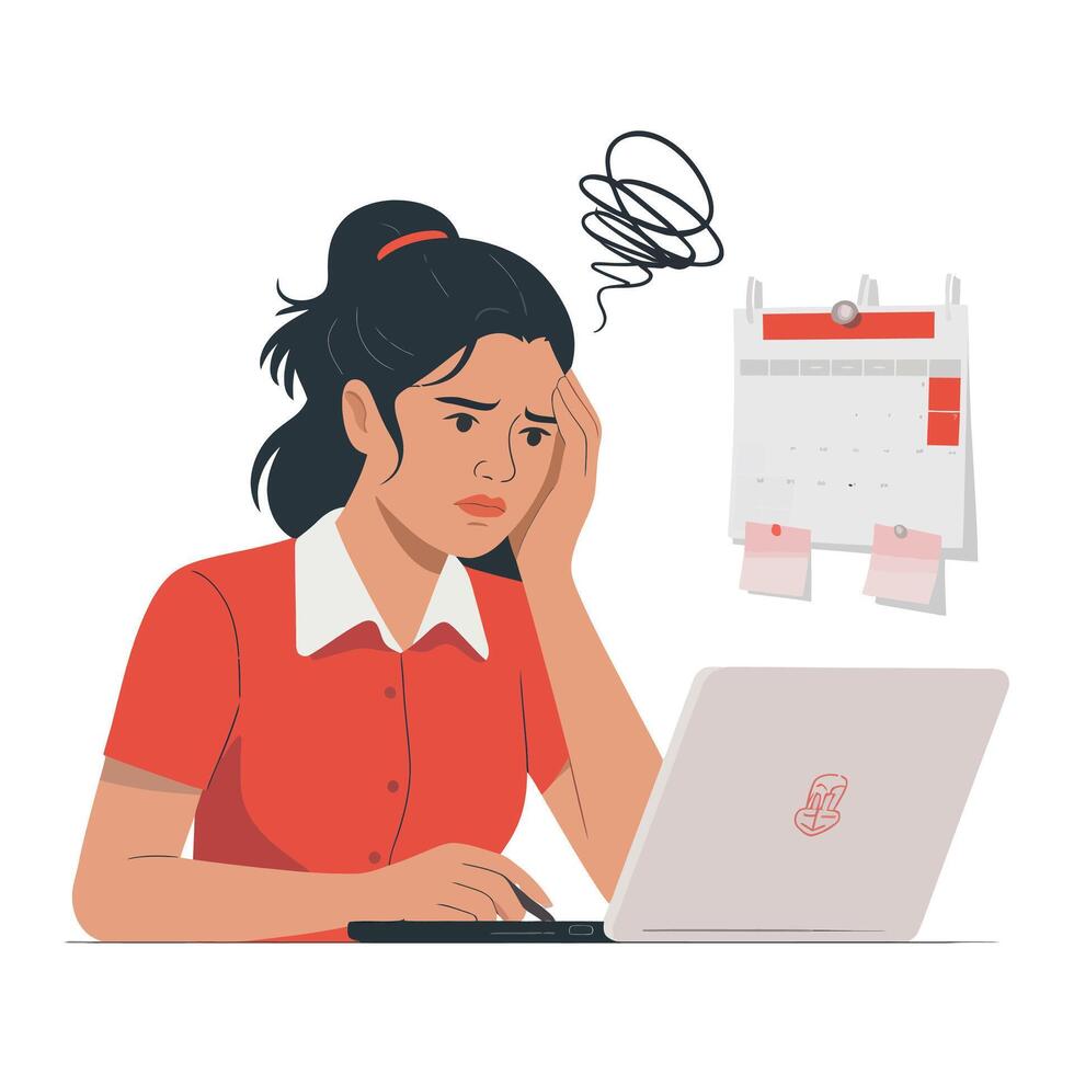 A woman is sitting at a desk with a laptop and a calendar vector