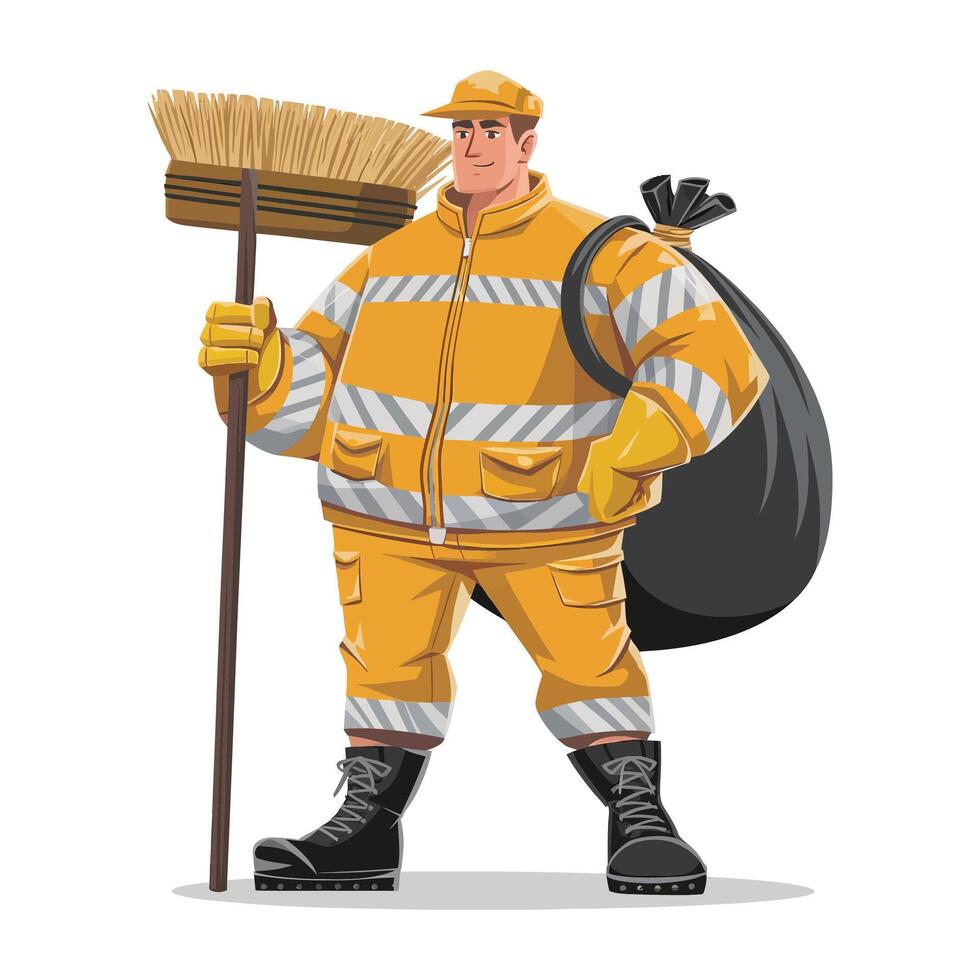 A cartoon man in yellow uniform holding a broom vector