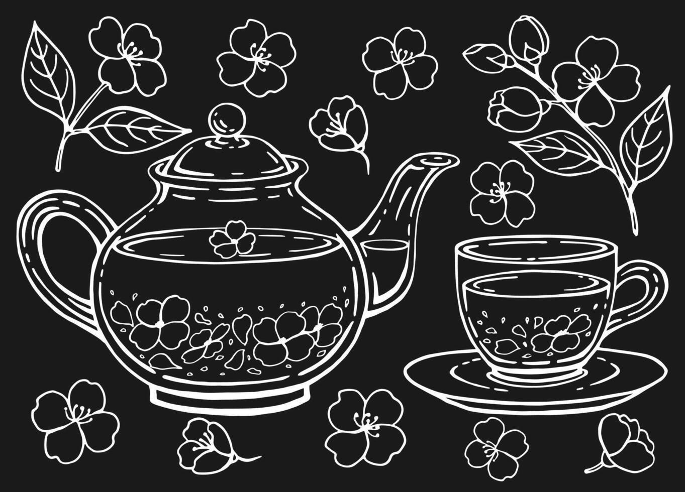 Tea set, healthy green tea, jasmine. Teapot and cup. Hand drawn illustration in outline style. vector