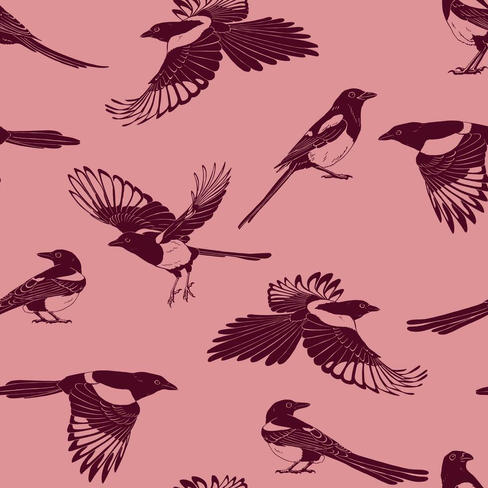 Seamless pattern with magpie, flying bird Hand drawn illustration. vector