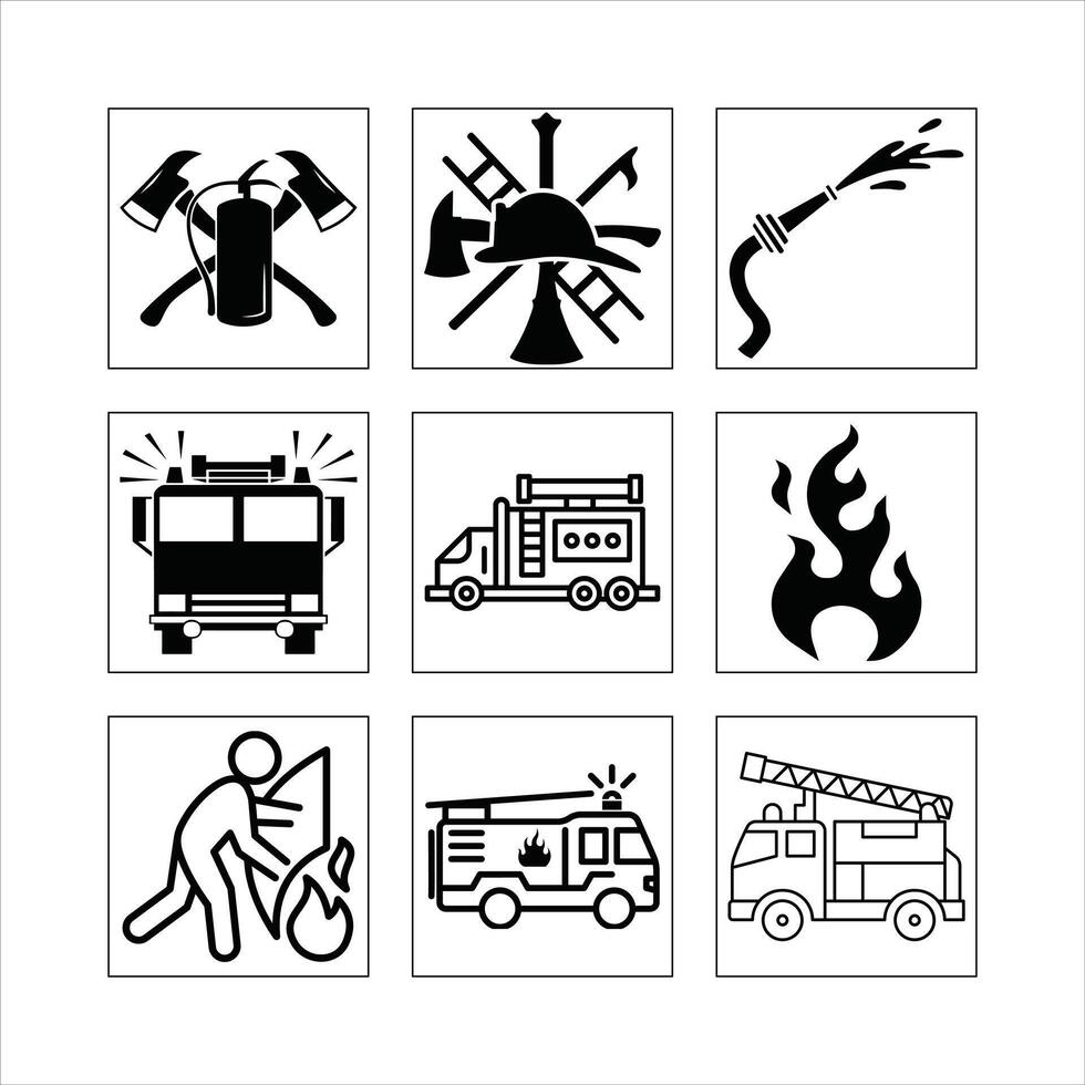 Fire Fighters Set Of Icon Pose Featuring Essential Elements And Equipment vector