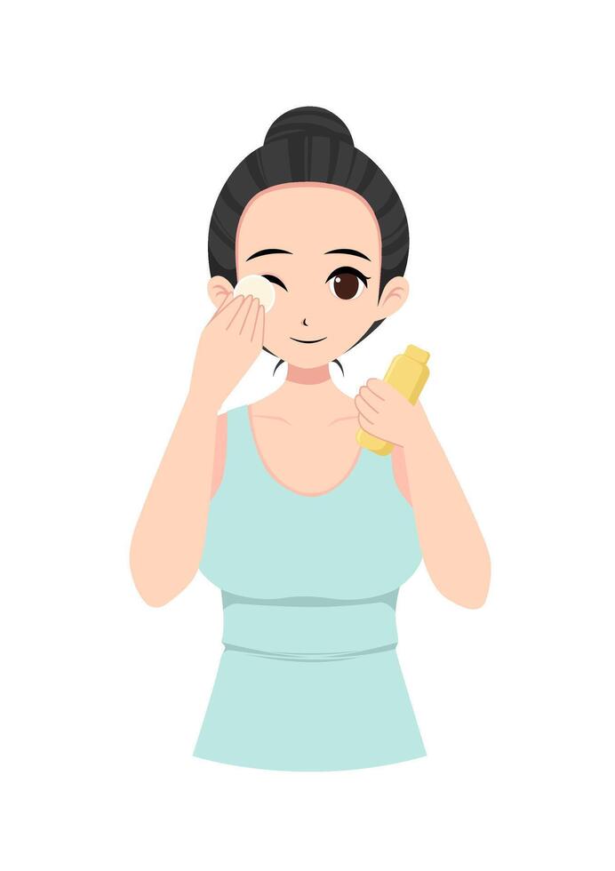 Illustration of a woman cleansing her face with micellar water vector
