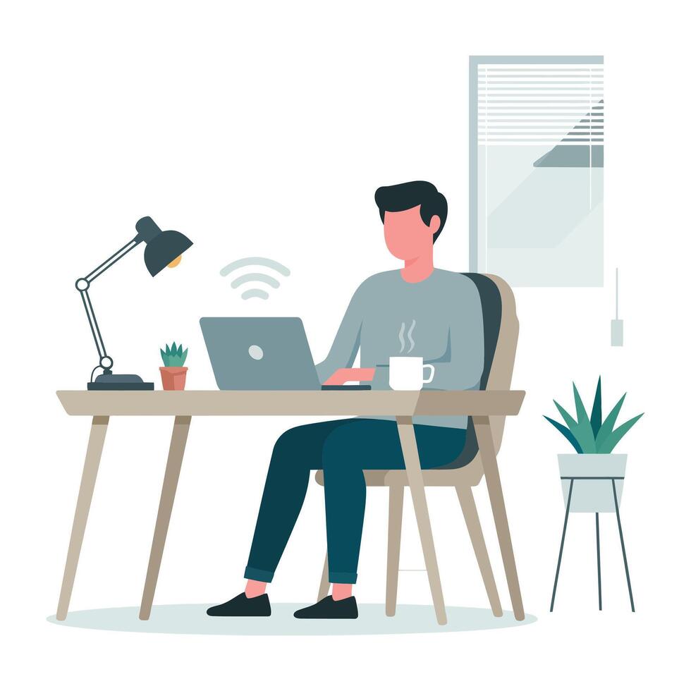 Man working at home on laptop, flat style illustration vector