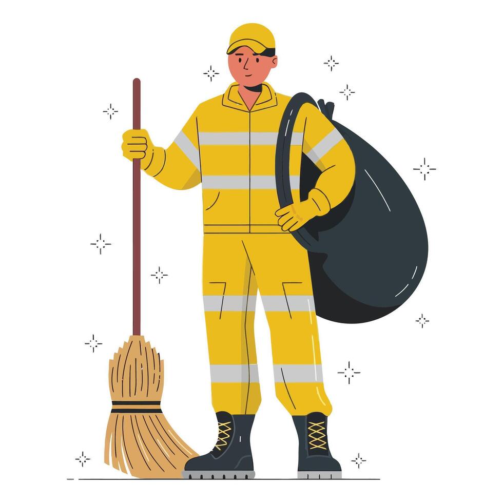 A man in yellow uniform holding a broom and bag vector
