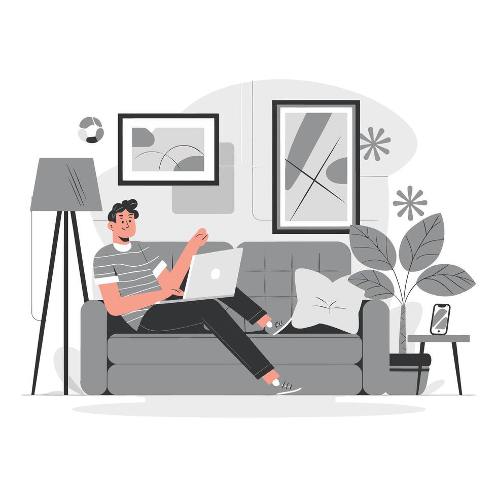 Man sitting on couch with laptop and plants vector
