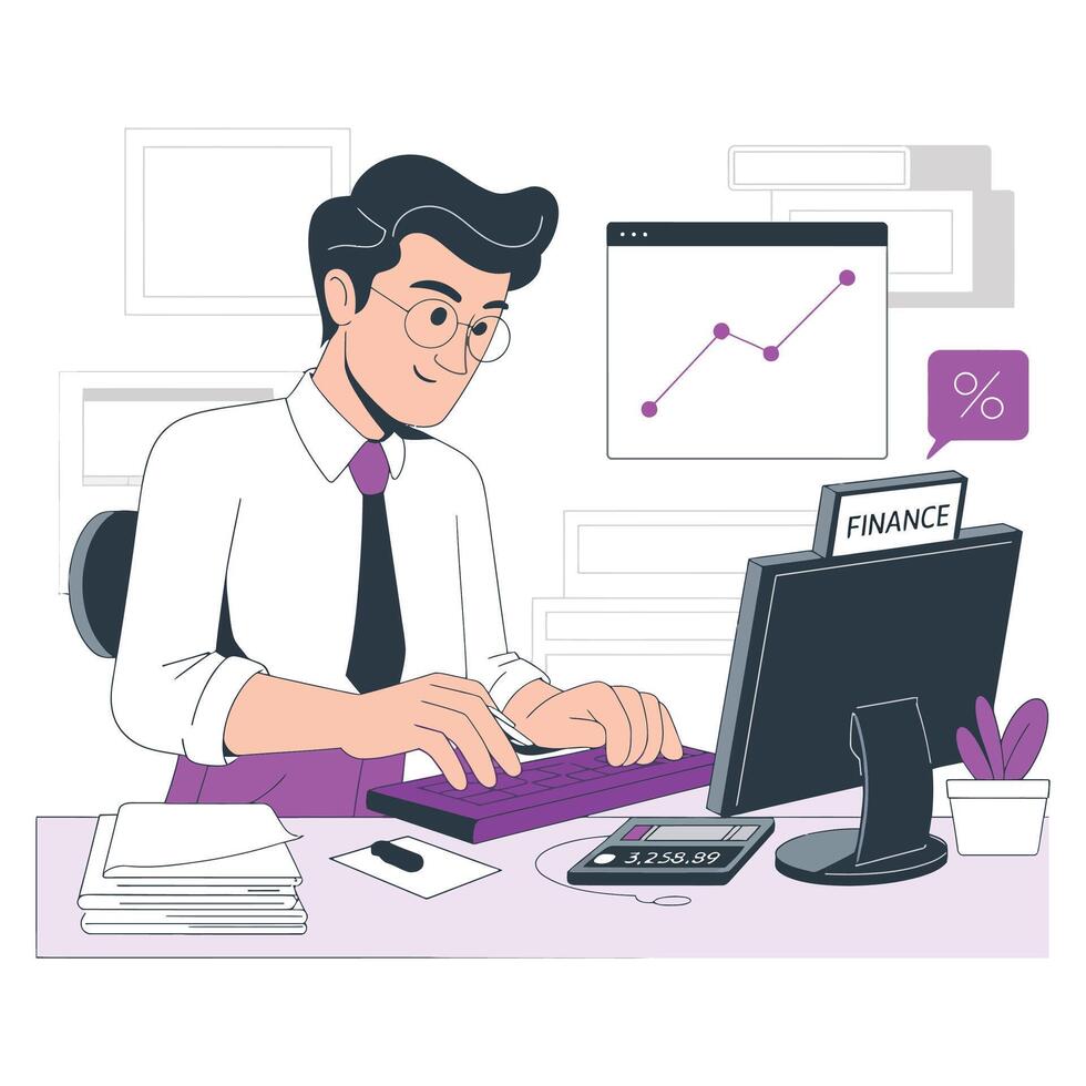 Flat Design Accounting Illustration - Office Worker at Desk. vector