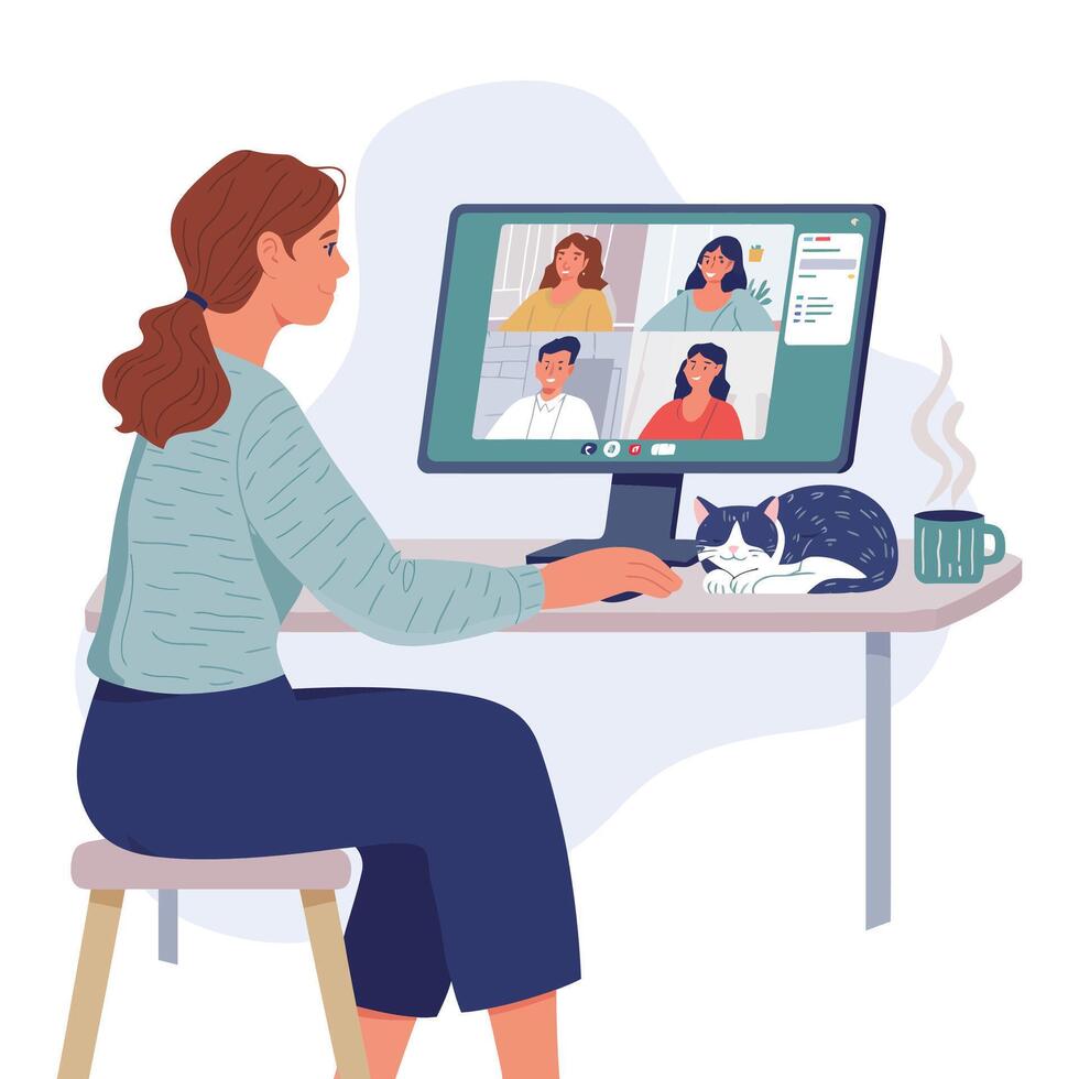Woman working on computer with cat and coffee vector