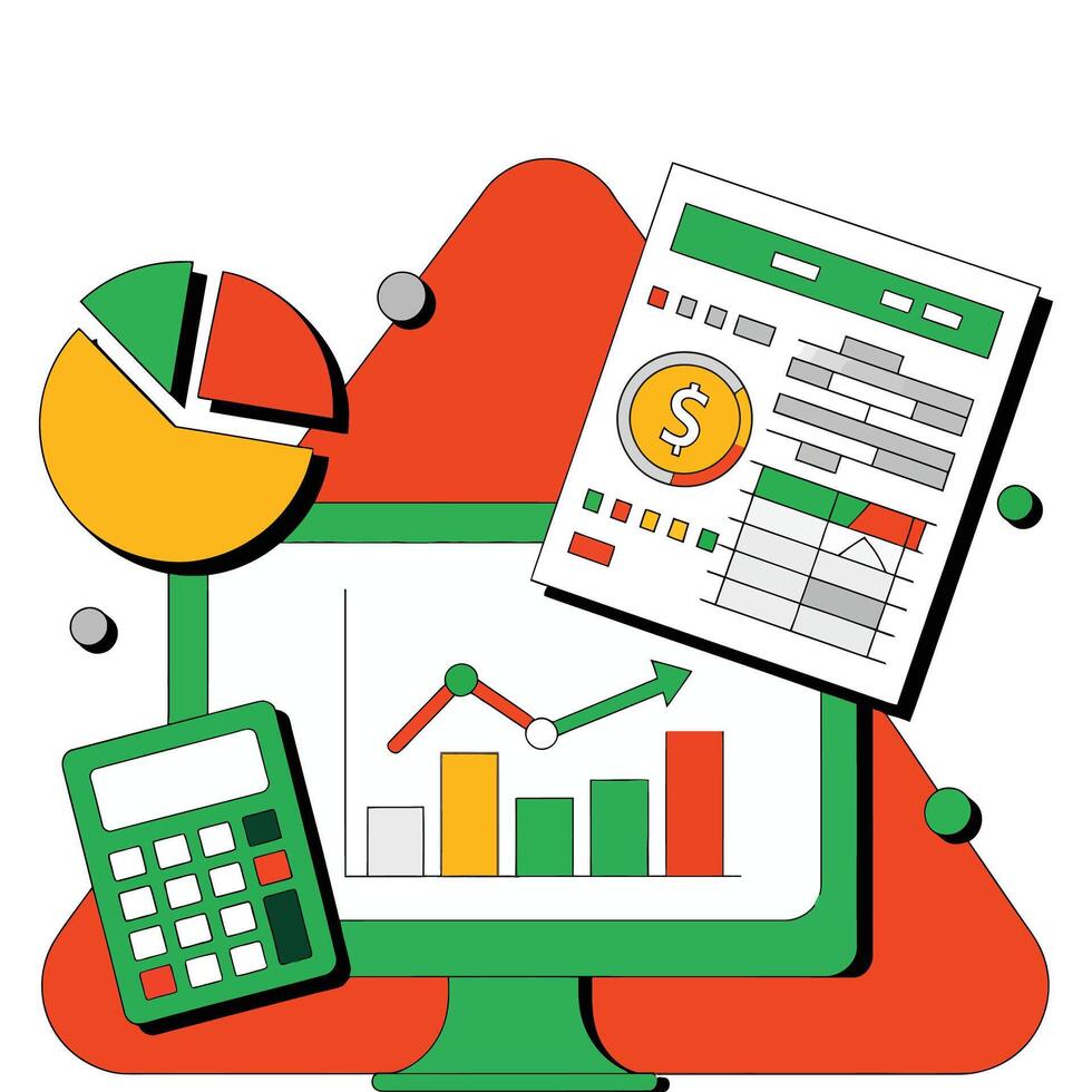 An illustration of a computer, calculator and paper with a graph vector