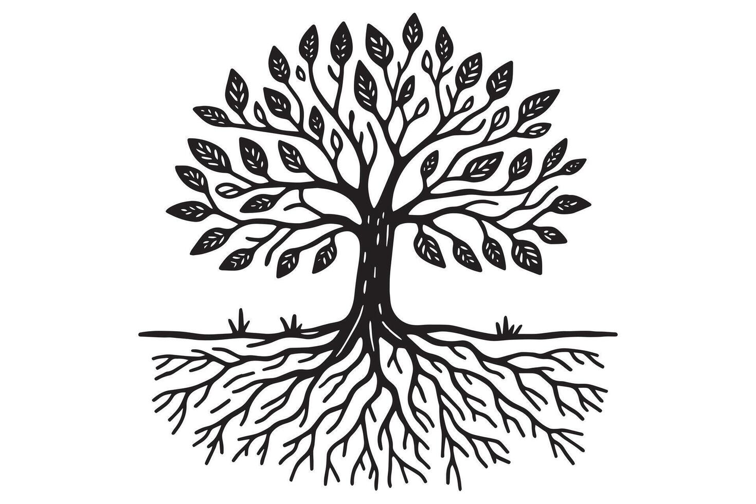 simple Hand drawn tree with roots flat illustration vector