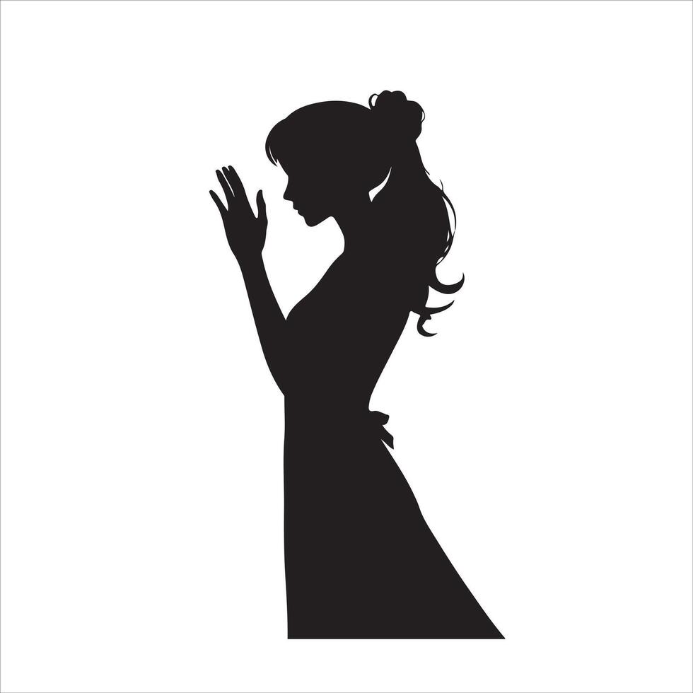 Silhouette of a woman praying in front of a cross vector