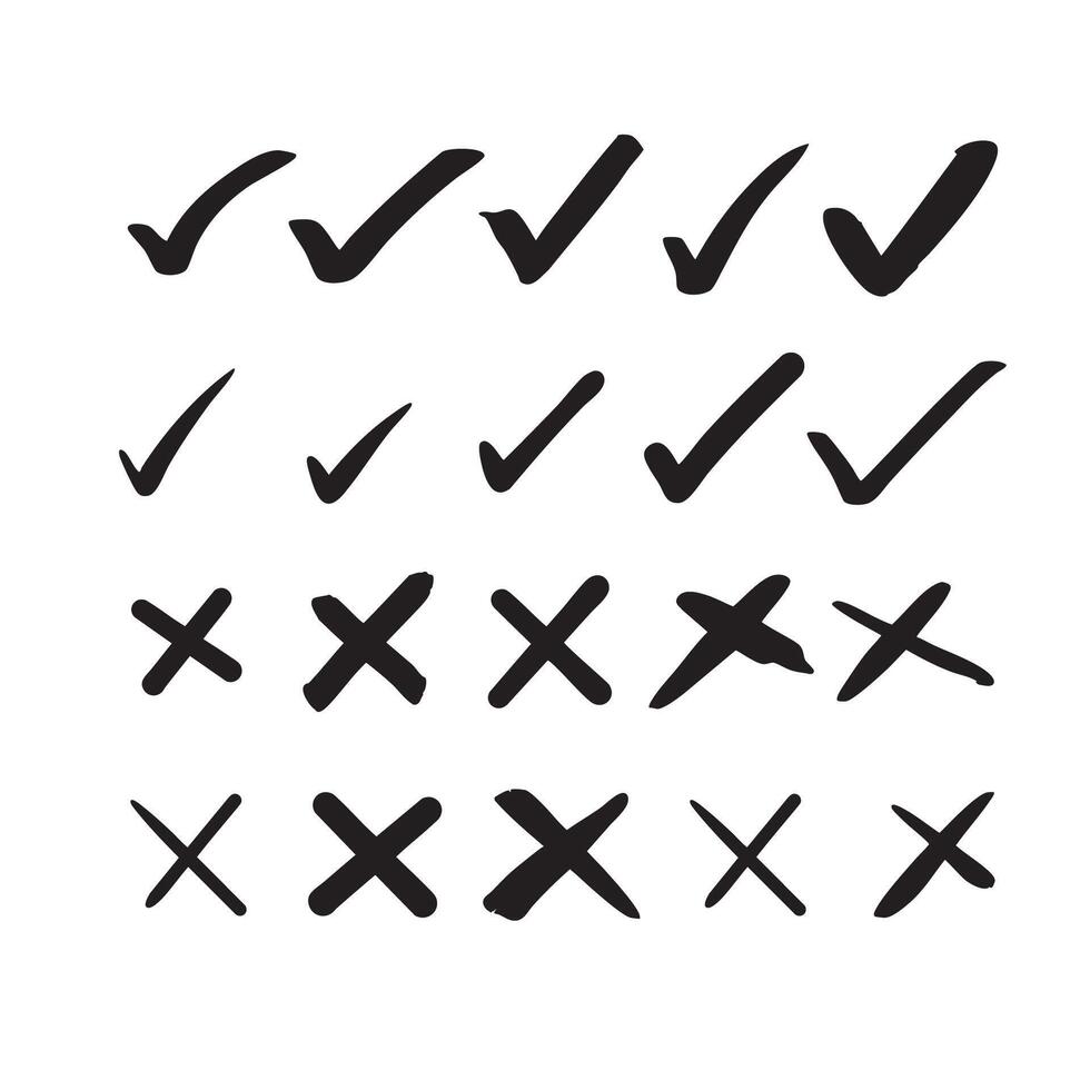 Hand-Drawn Check and X Marks Icons - Doodle Style Decision Symbols vector