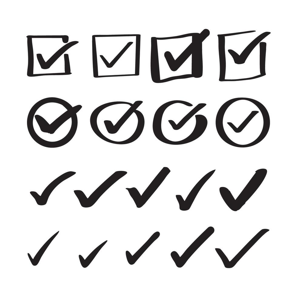 Hand-Drawn Check Marks and Checkbox Icons Collection - Doodle Style vector