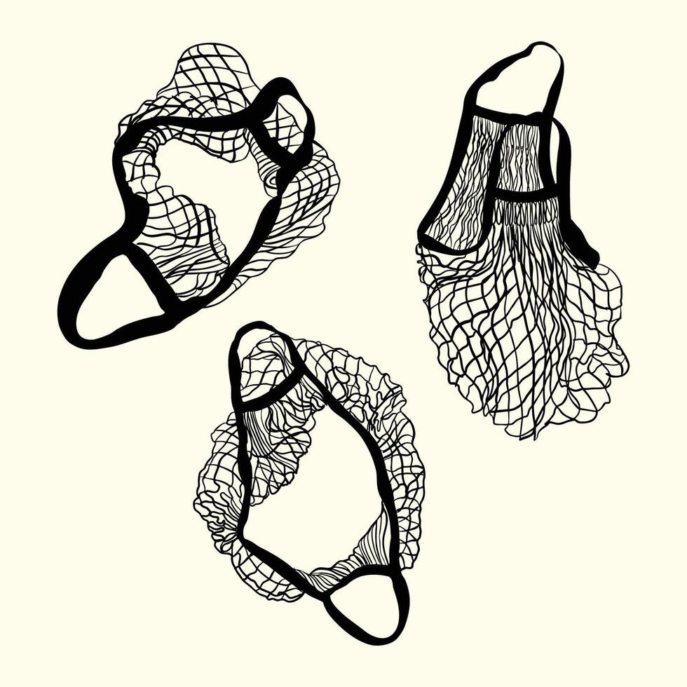 Black and White Net Bag Sketch - Hand-Drawn Eco Shopping Tote Illustration vector