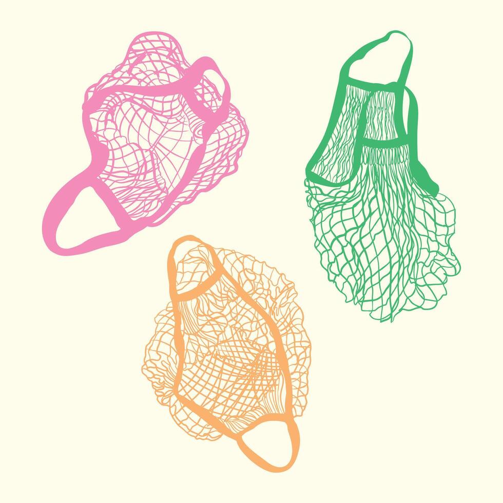 Hand-Drawn Mesh Net Bags - Colorful Eco-Friendly Shopping Bag Illustration vector