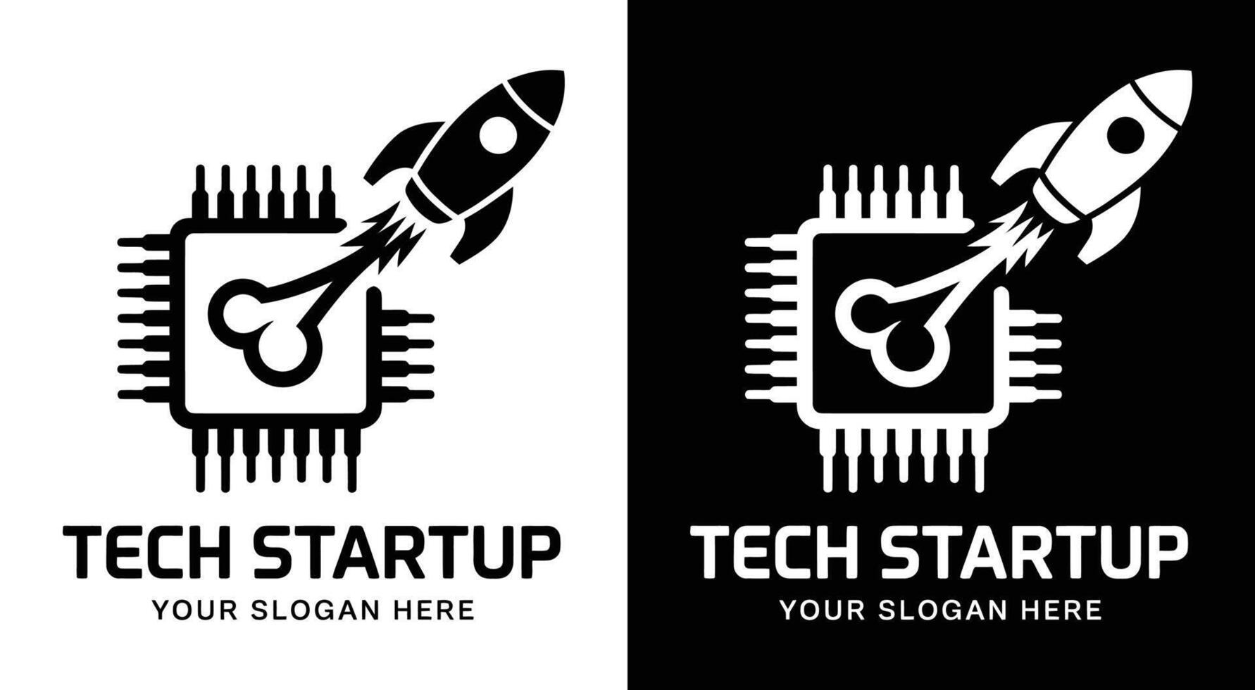 Tech Startup Logo Bold Black Chip Rocket Merge for Innovation and Technology vector
