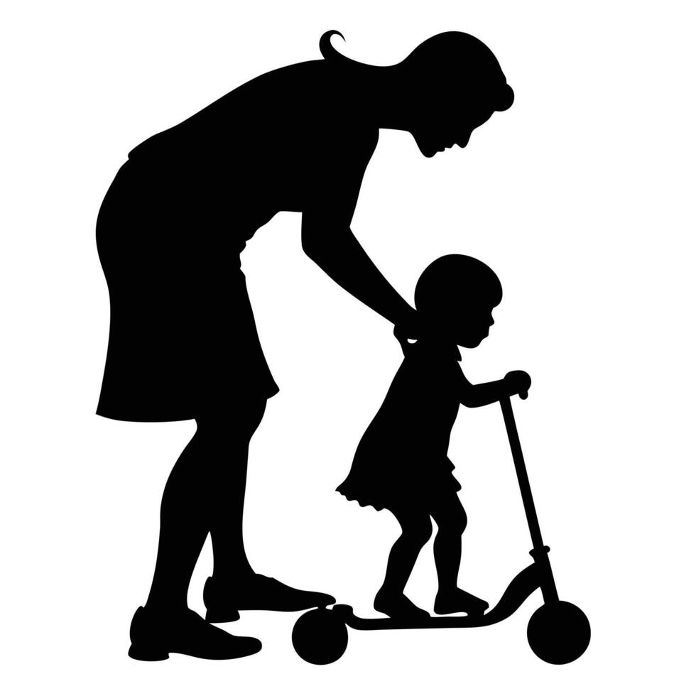 Mother And Child Silhouette Learning To Ride Scooter Together Illustration vector