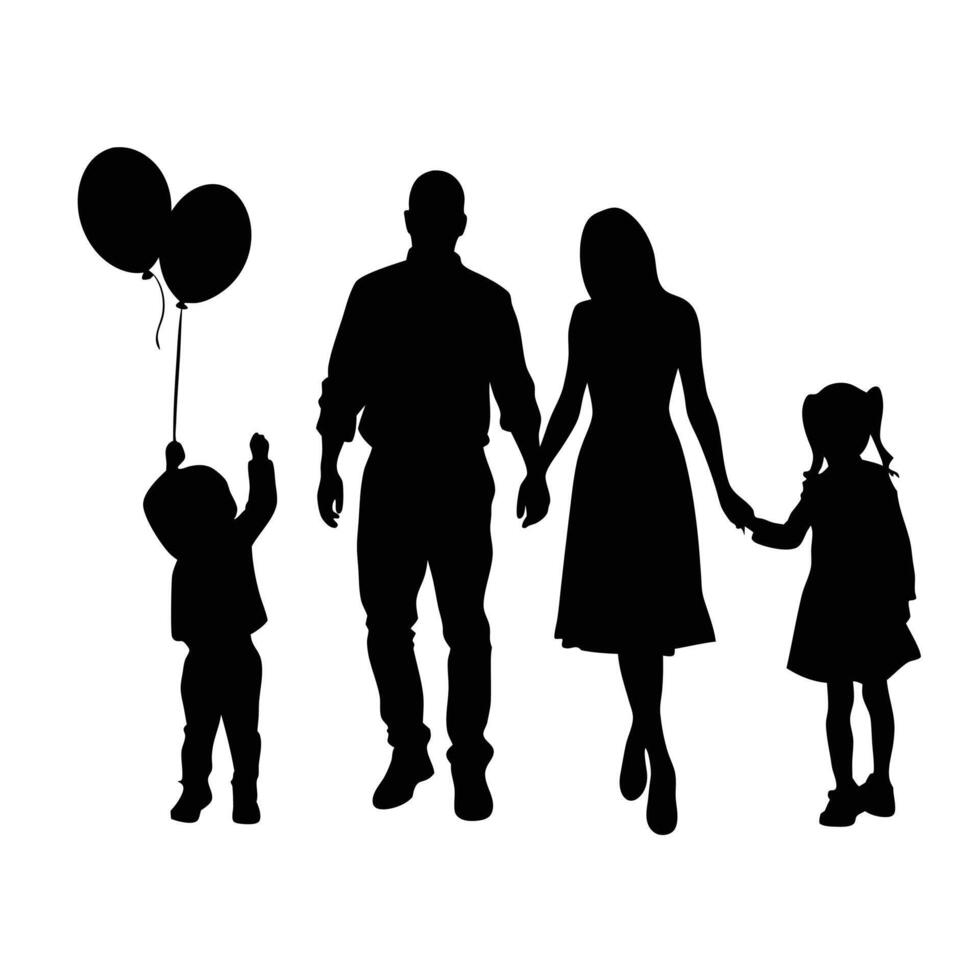 Silhouette Of Family Walking Together With Balloons Full Of Love And Happiness vector
