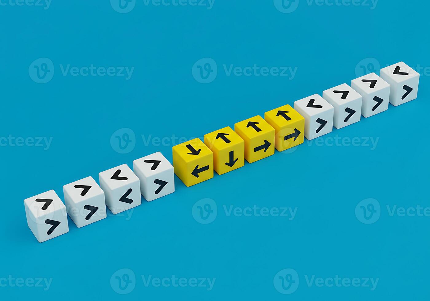 A row of yellow dice with arrows pointing in different directions photo