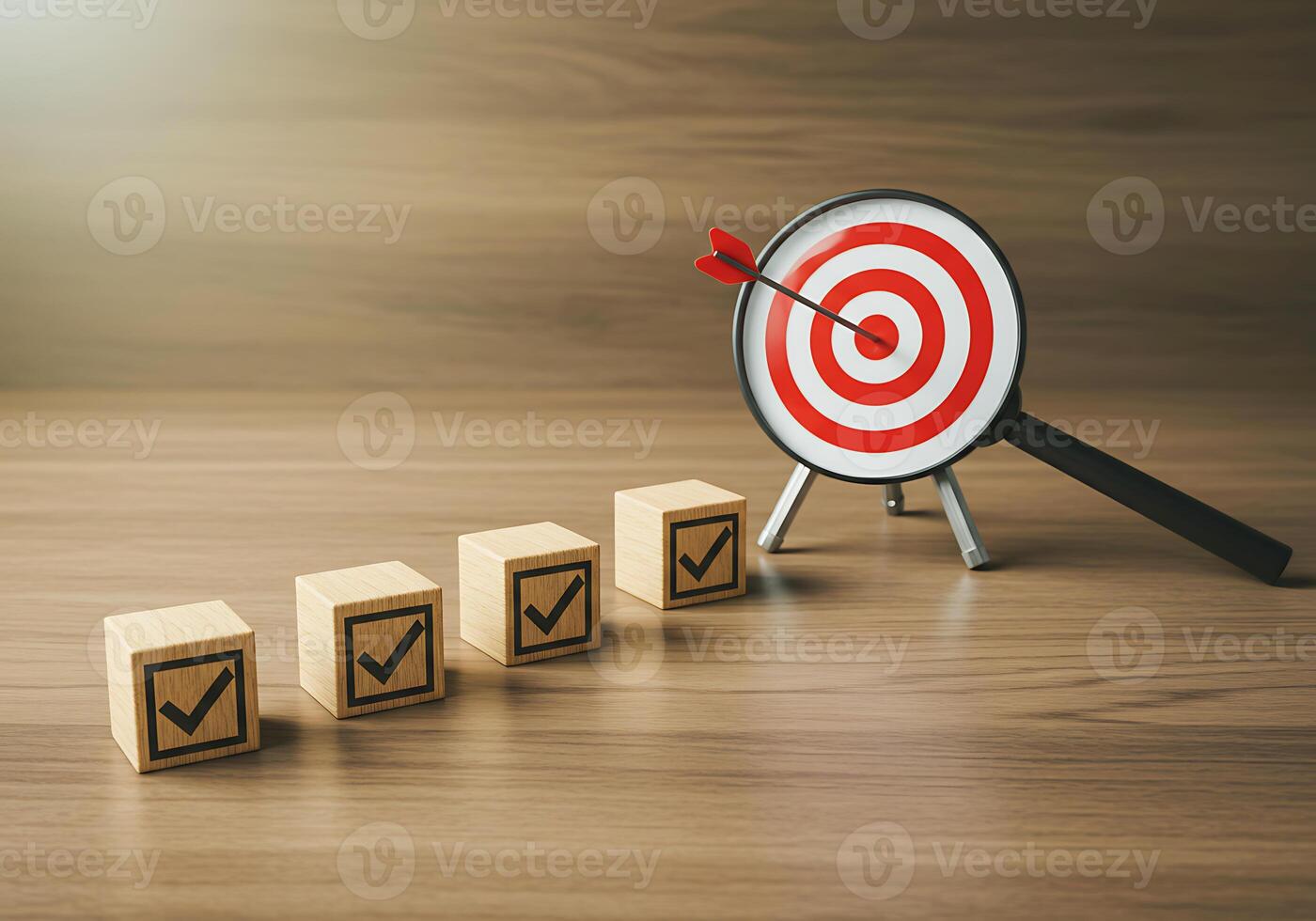 A target with an arrow on a wooden block and check boxes photo