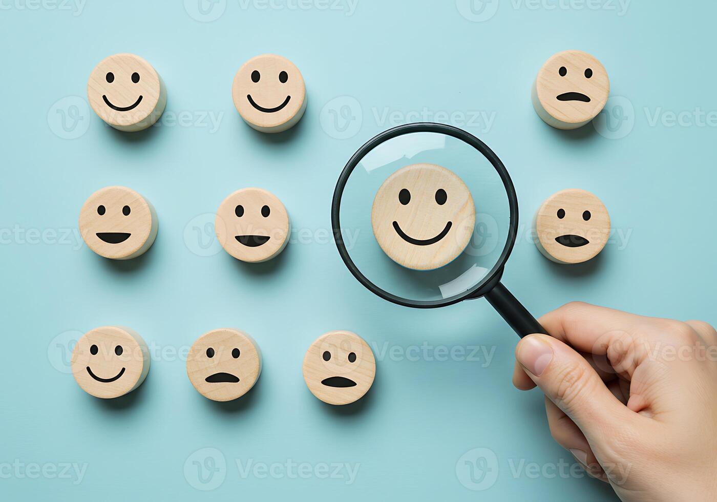 A hand holding a magnifying glass over a group of smiling faces photo