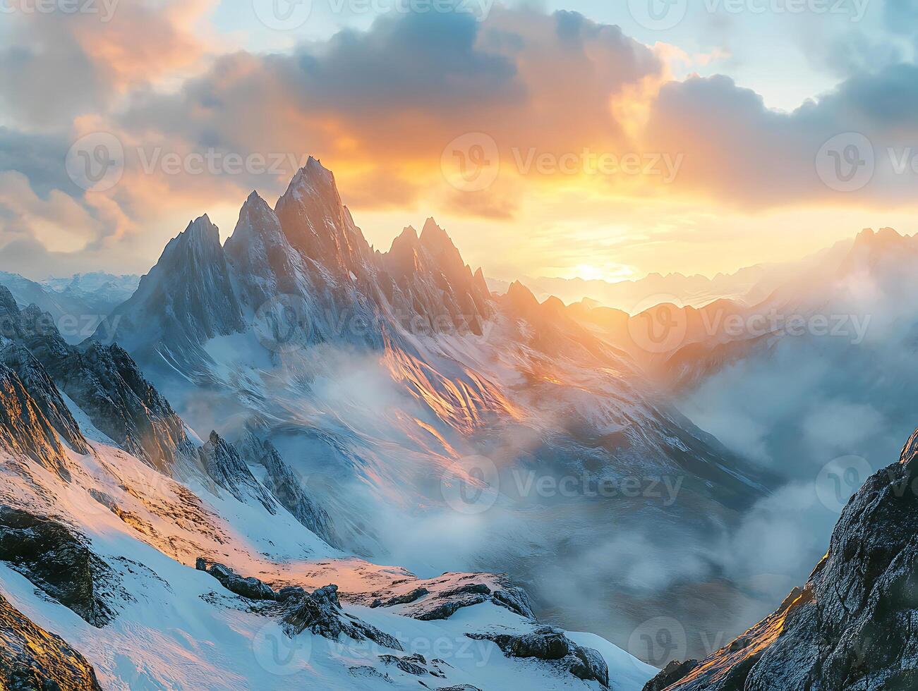 mountain sunset landscape with glowing photo