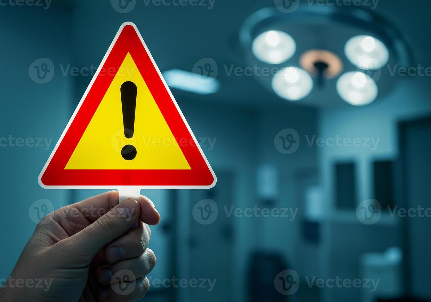 A person holding up a warning sign in front of a hospital photo