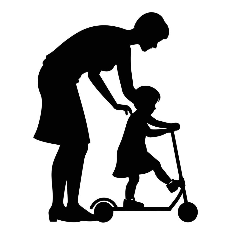 Mother Helps Child Ride Scooter Silhouette Illustration Graphic Design vector