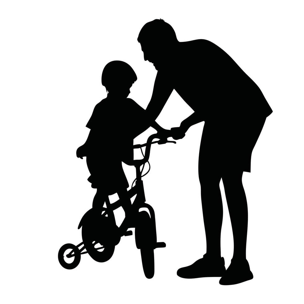 Father Teaching His Child To Ride A Bicycle Silhouette Illustration vector