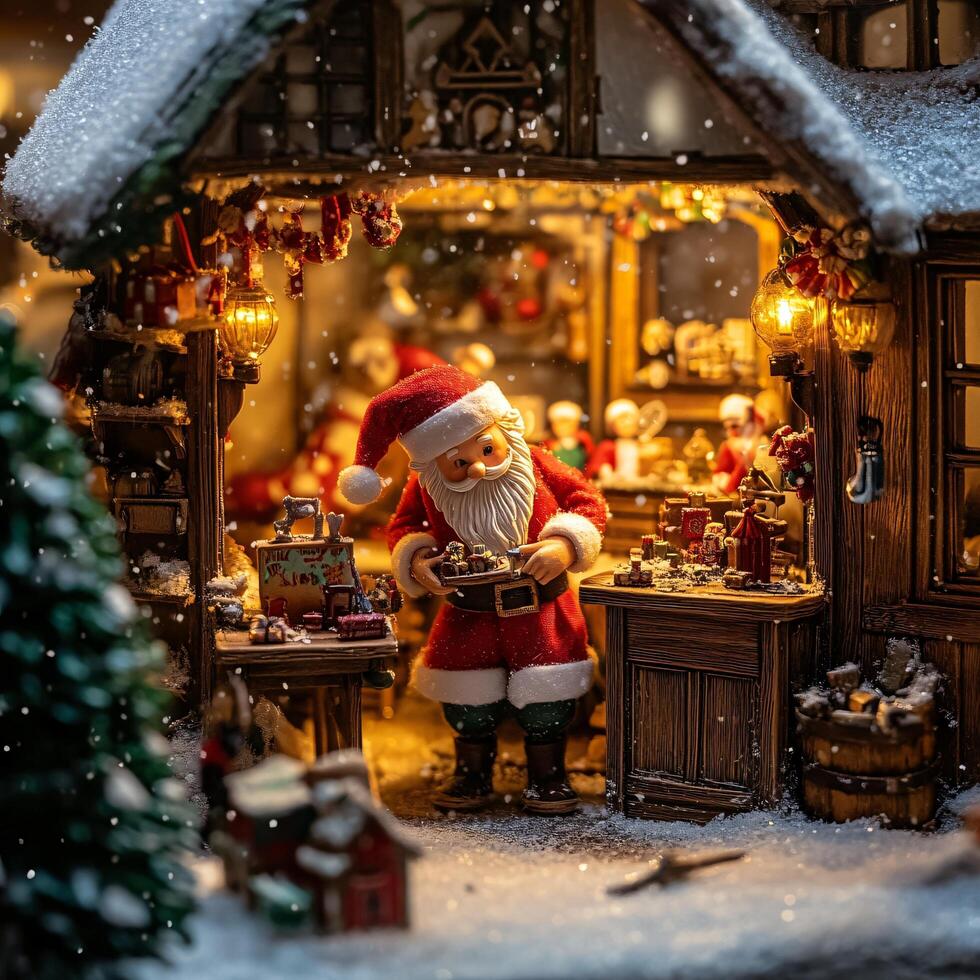 A miniature festive scene depicts santa claus inside of a workshop photo