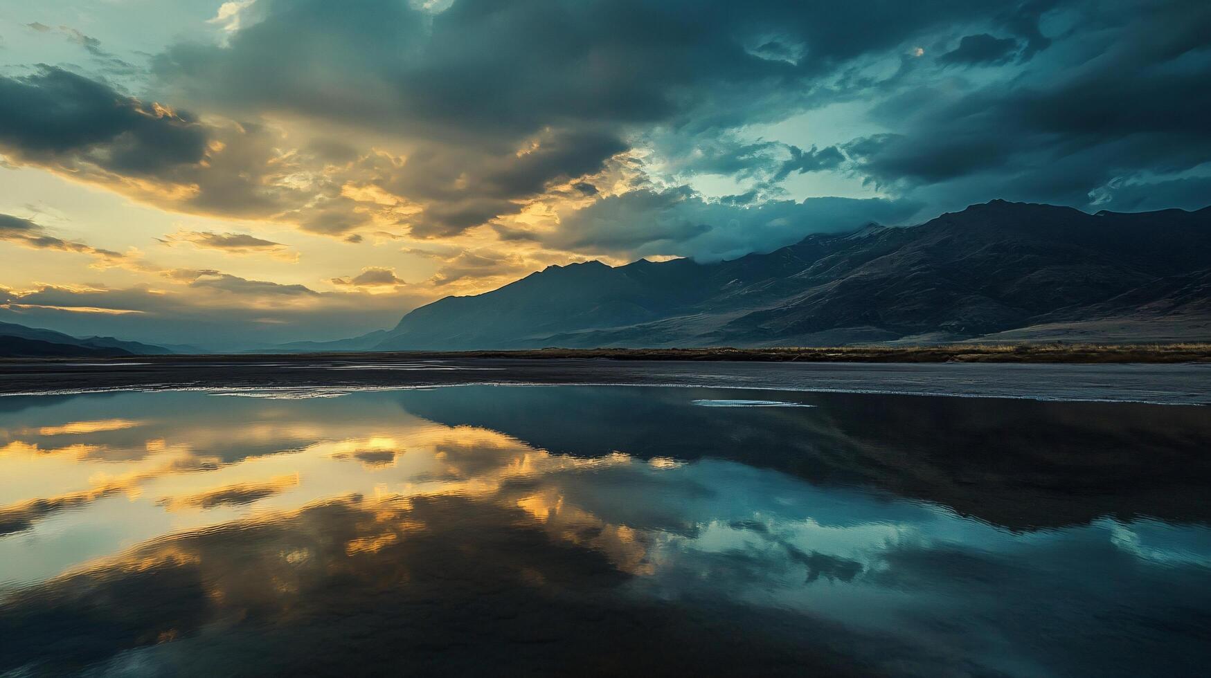 The dramatic scene of a mountain range reflected in the water photo