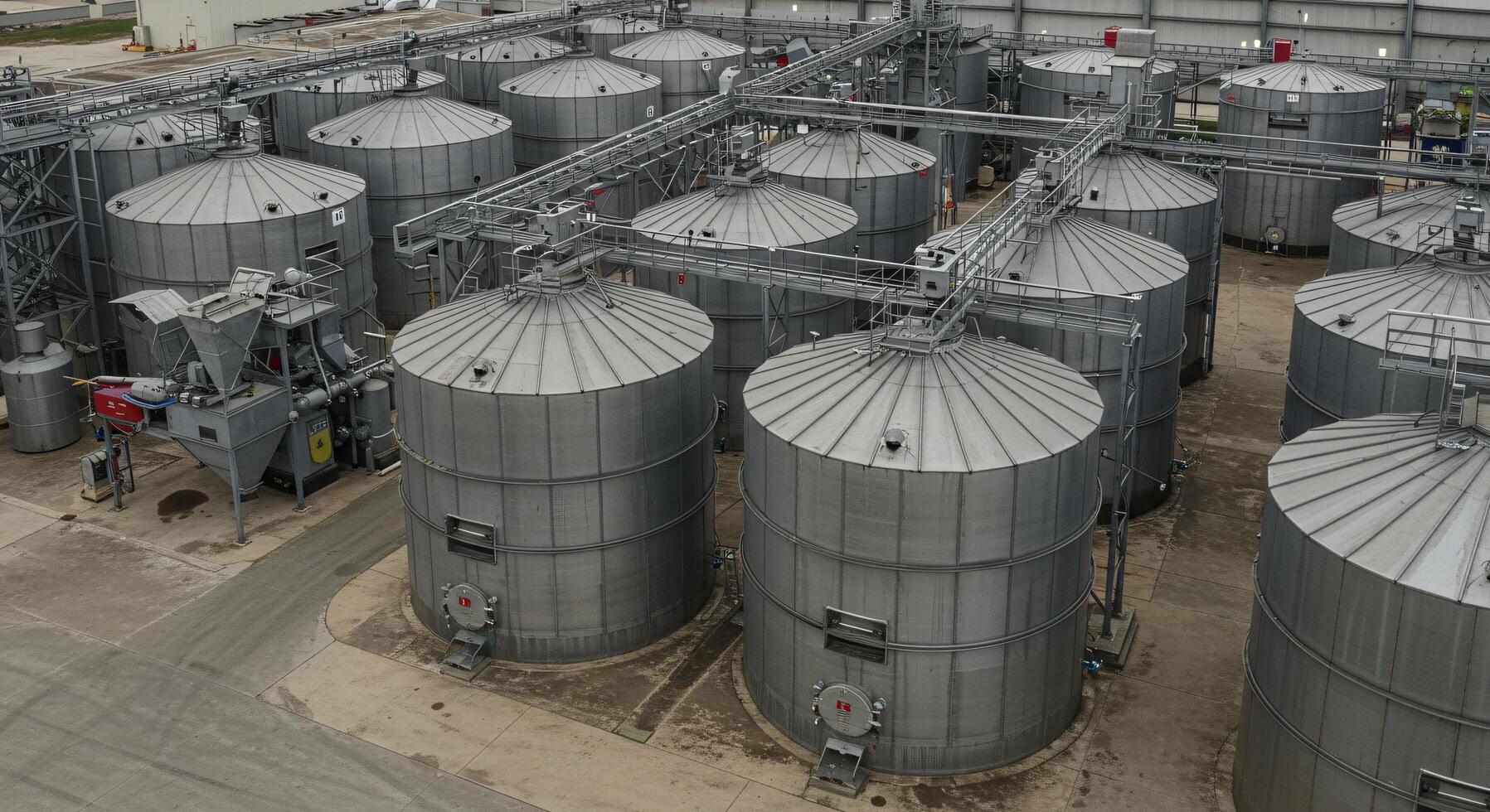Aerial view of numerous large metal grain silos at a farm. photo