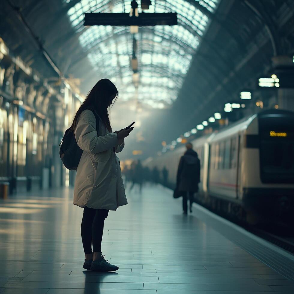 Woman at train station texting while waiting for transportation photo