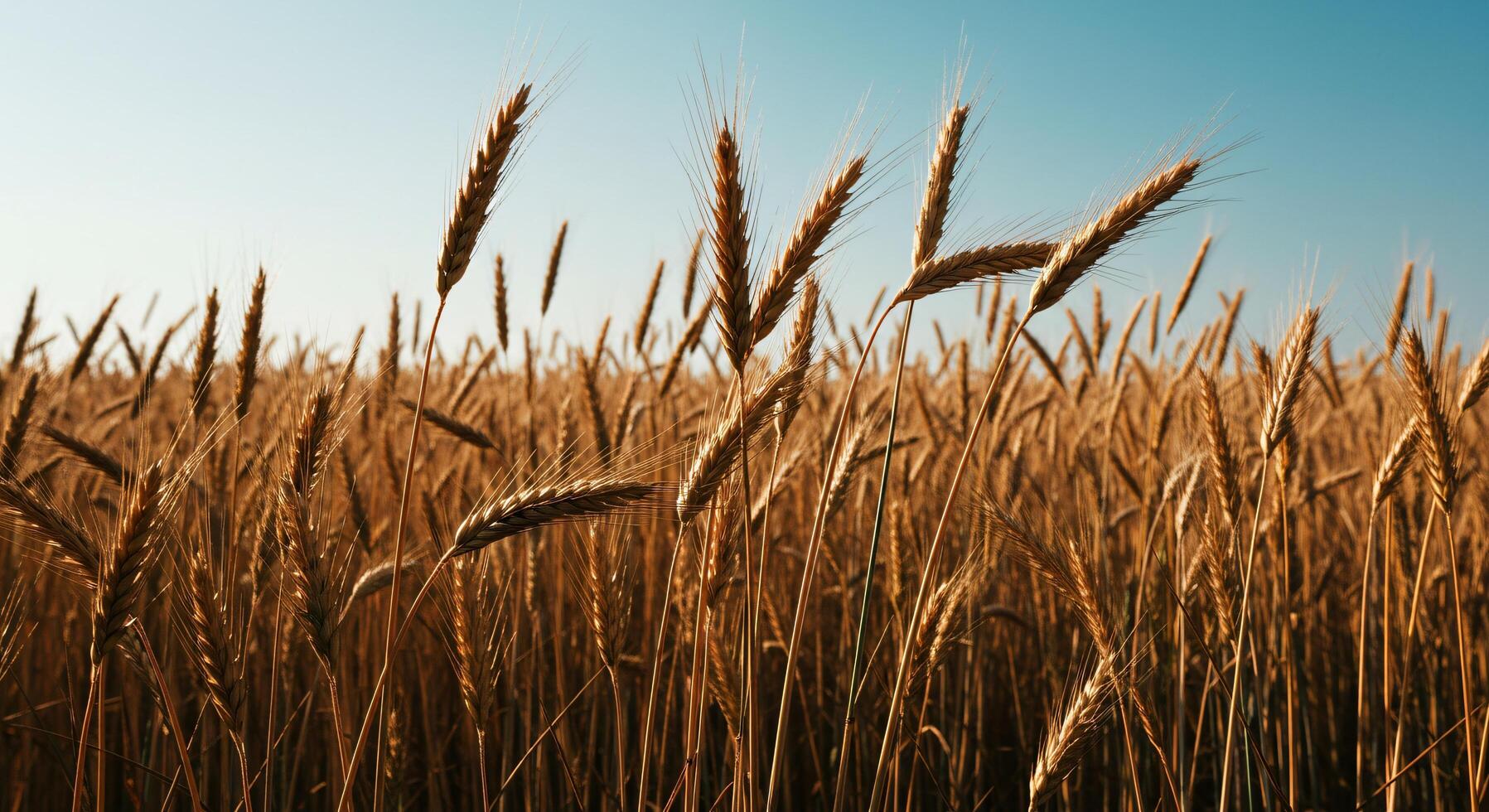 Golden wheat field stretching under a clear sky. photo