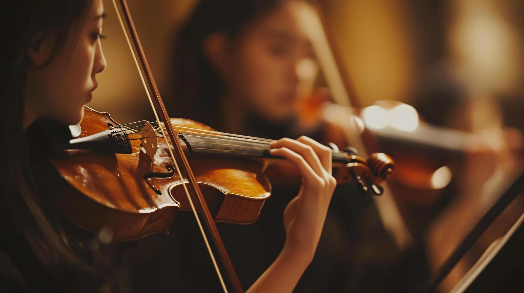 A musician playing the violin with bow and string in focus photo