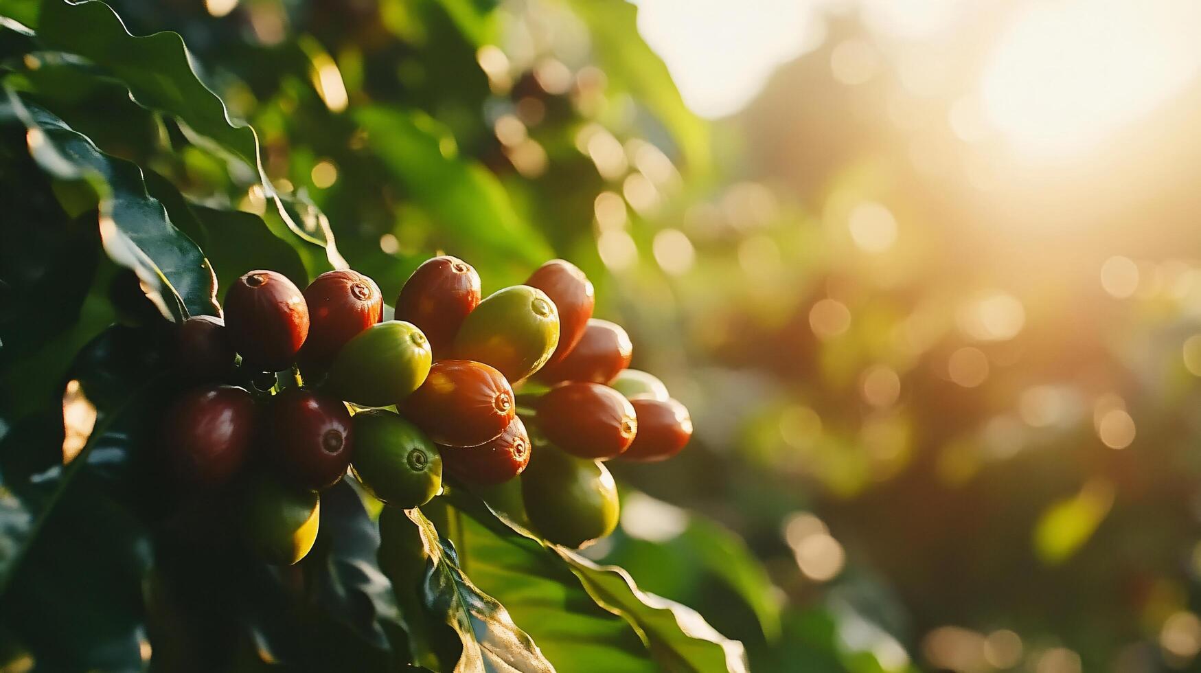 Close up view showing coffee cherries on a branch photo