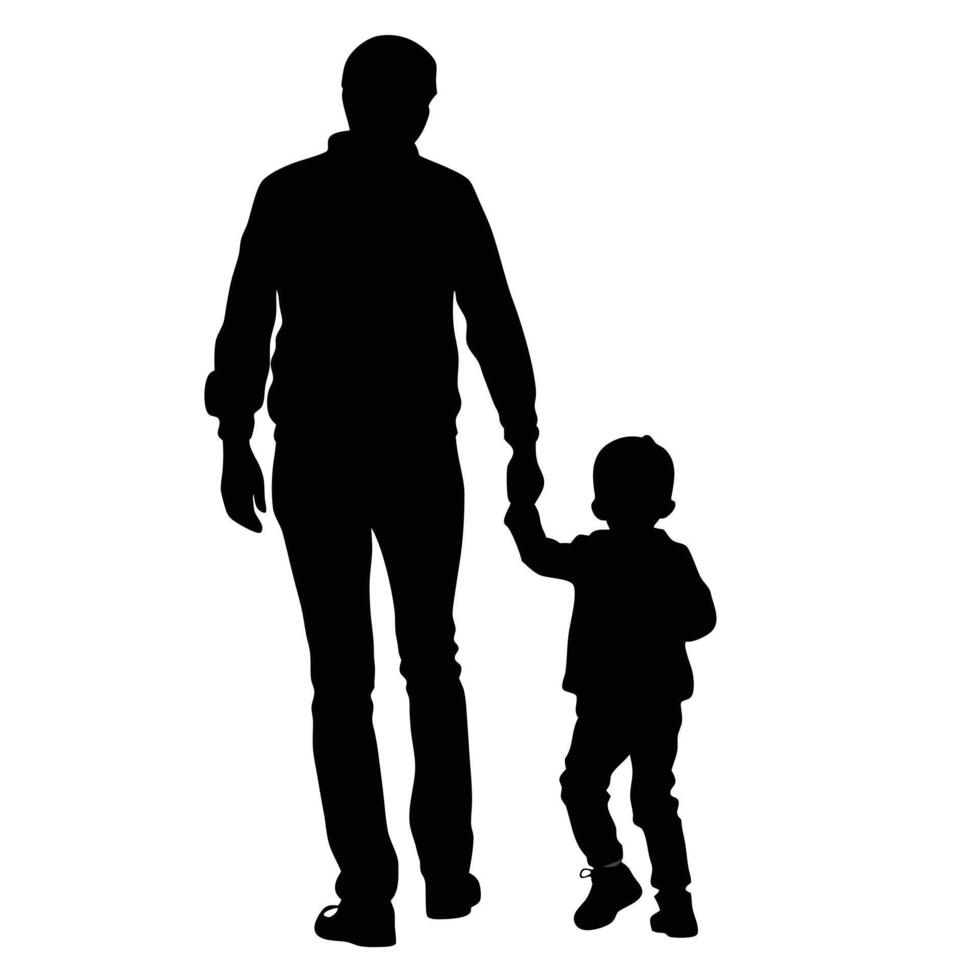 Silhouette Of Father Walking Hand In Hand With Young Son On White Background vector