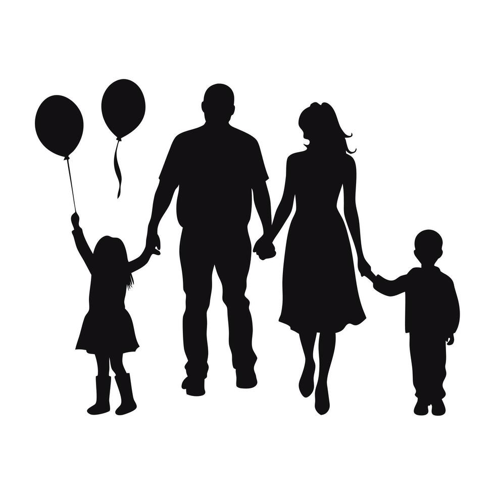 Happy Family Walking Together Silhouette With Balloons Isolated On White Background vector