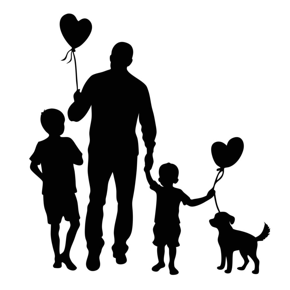 Father With Sons And Dog Walking Together Holding Heart Balloons Silhouette vector