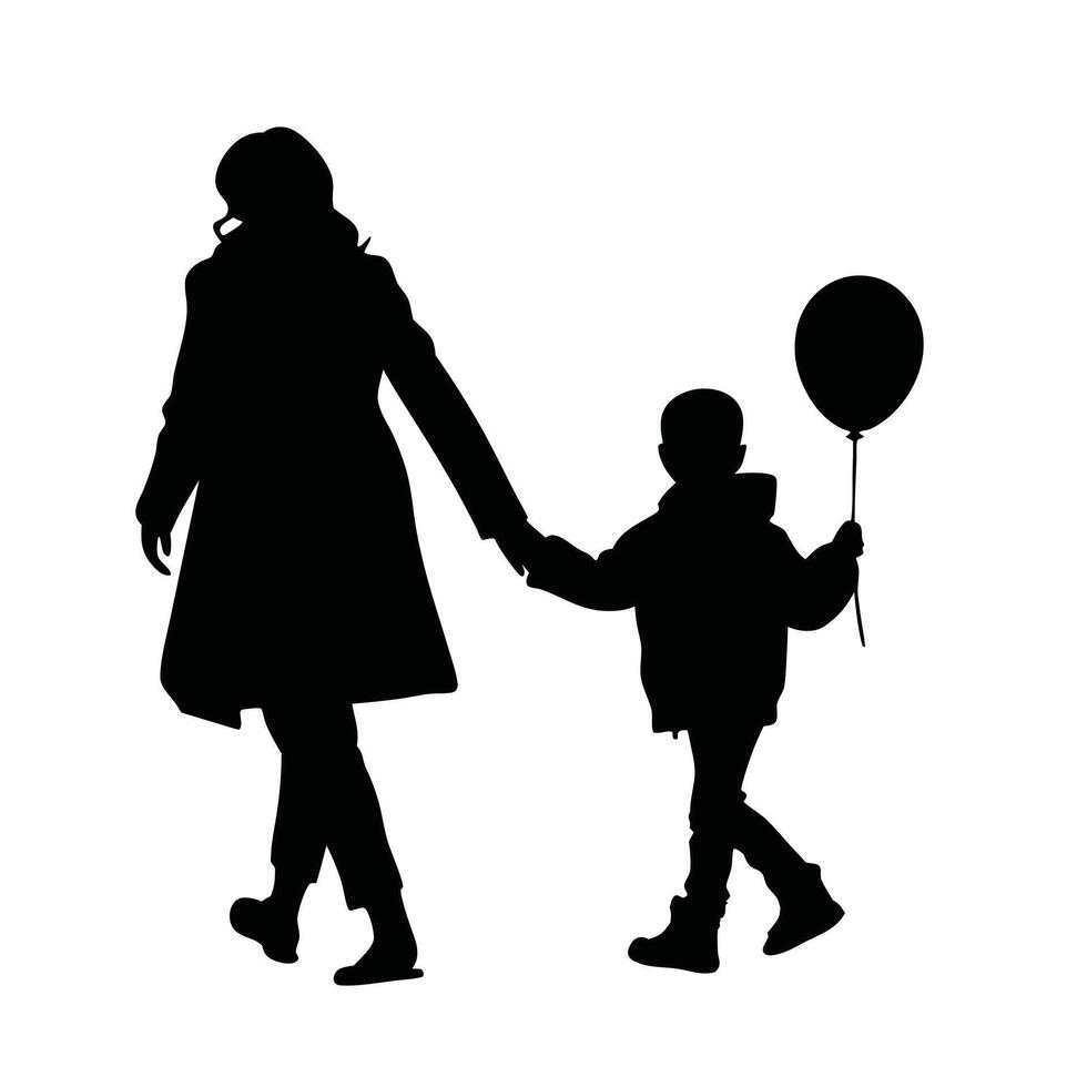 Silhouette Illustration Of Mother And Child Walking With Balloon Holding Hands vector