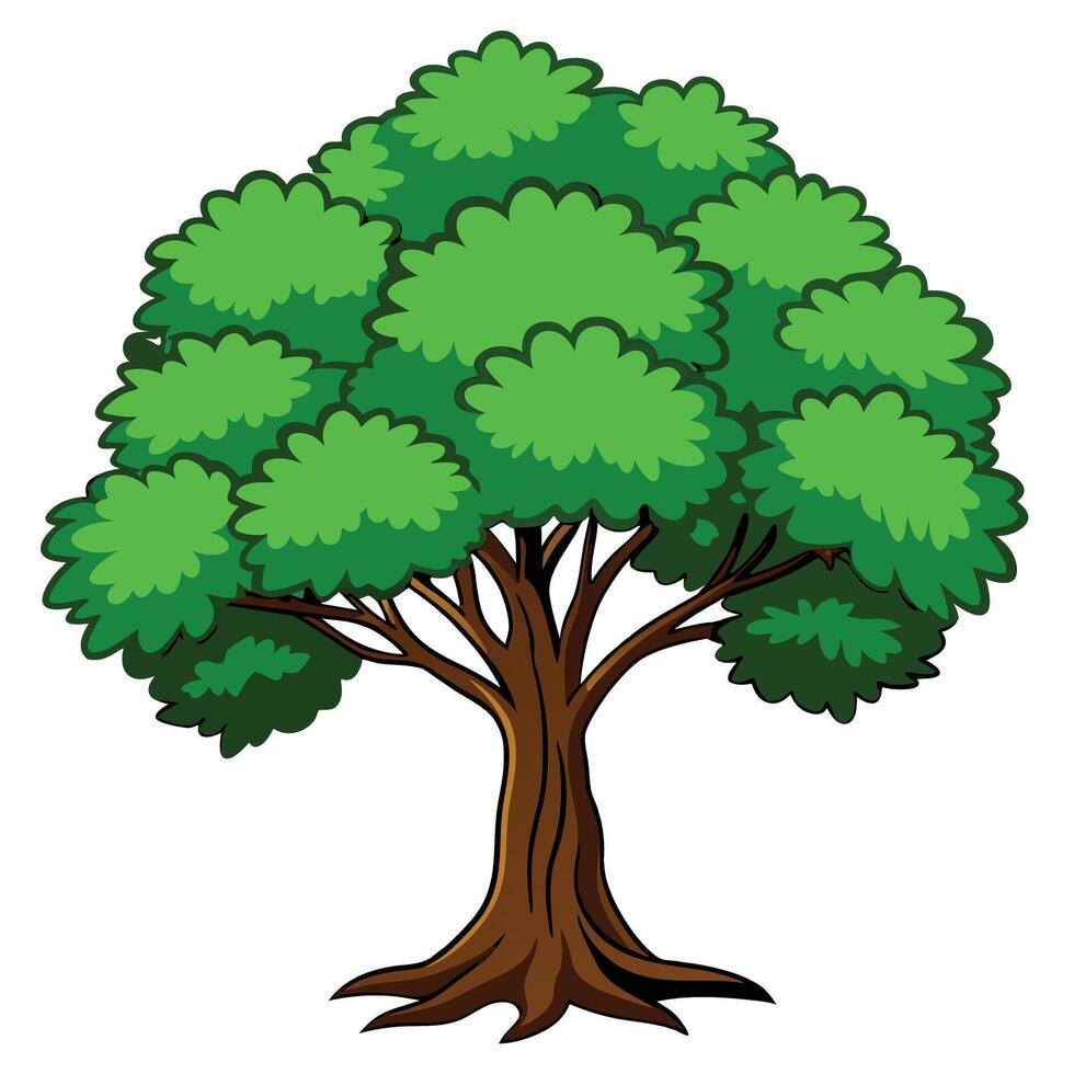 Cartoon Illustration Of A Large Shade Tree With Green Leaves And Brown Trunk vector