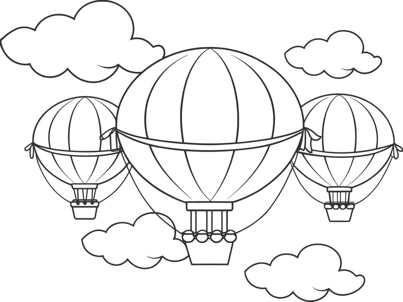 Three whimsical hot air balloons floating amongst clouds, perfect for coloring. vector