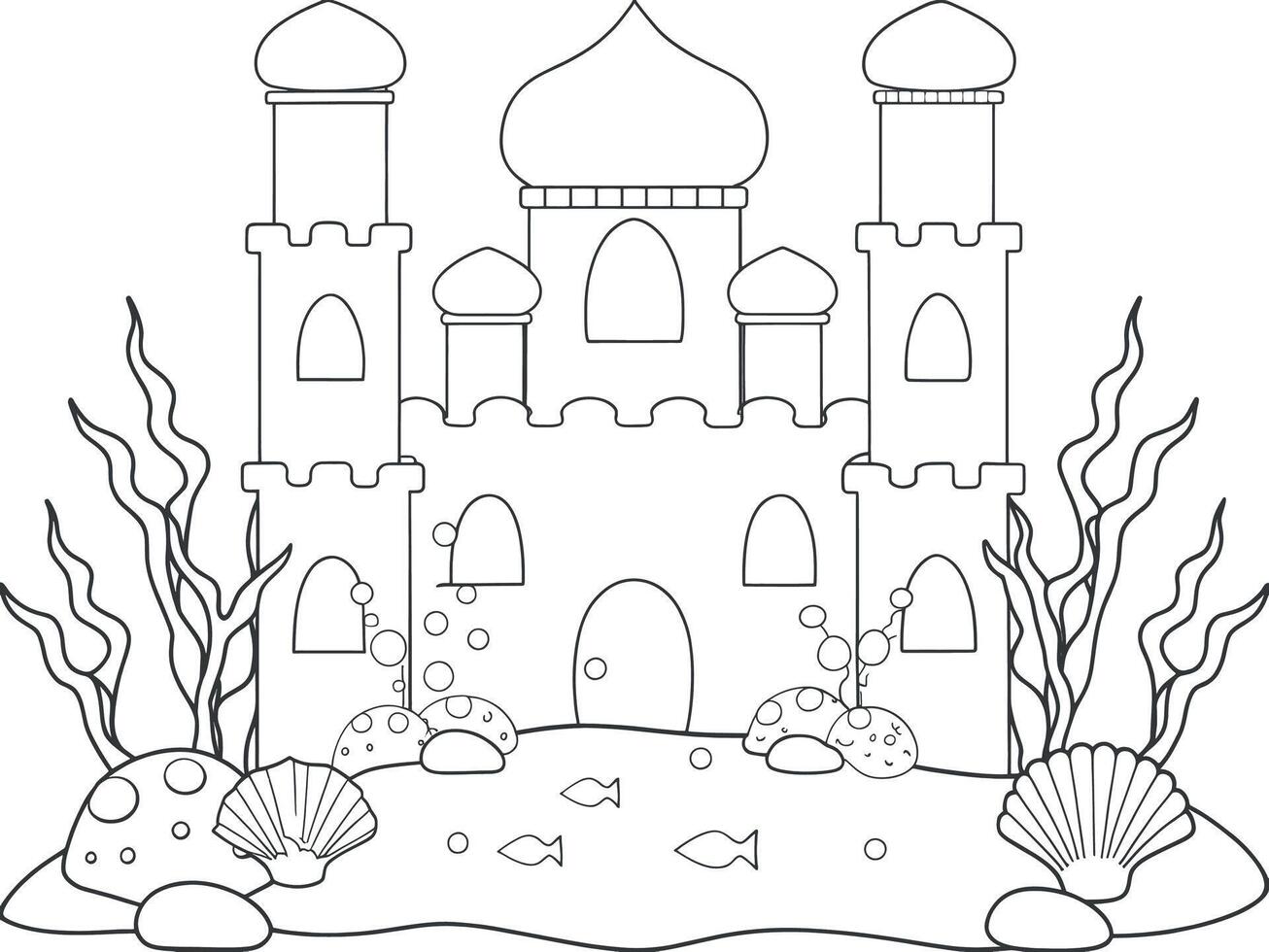 A whimsical, black and white coloring page featuring an Arabian-style castle nestled in an underwater scene. vector