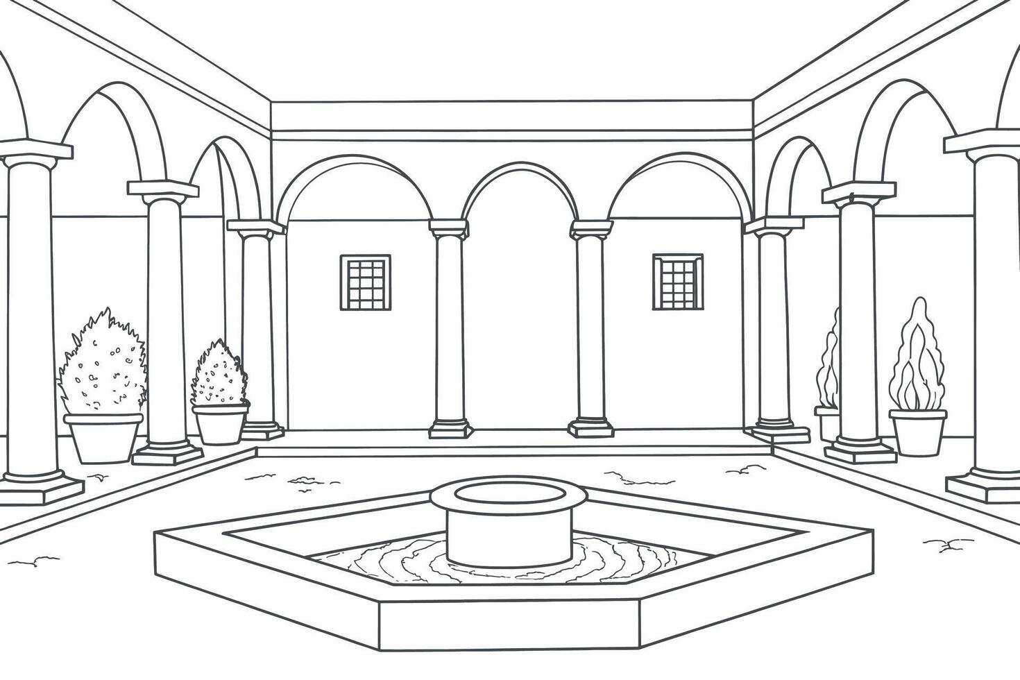 Black and white sketch of a courtyard with fountain vector