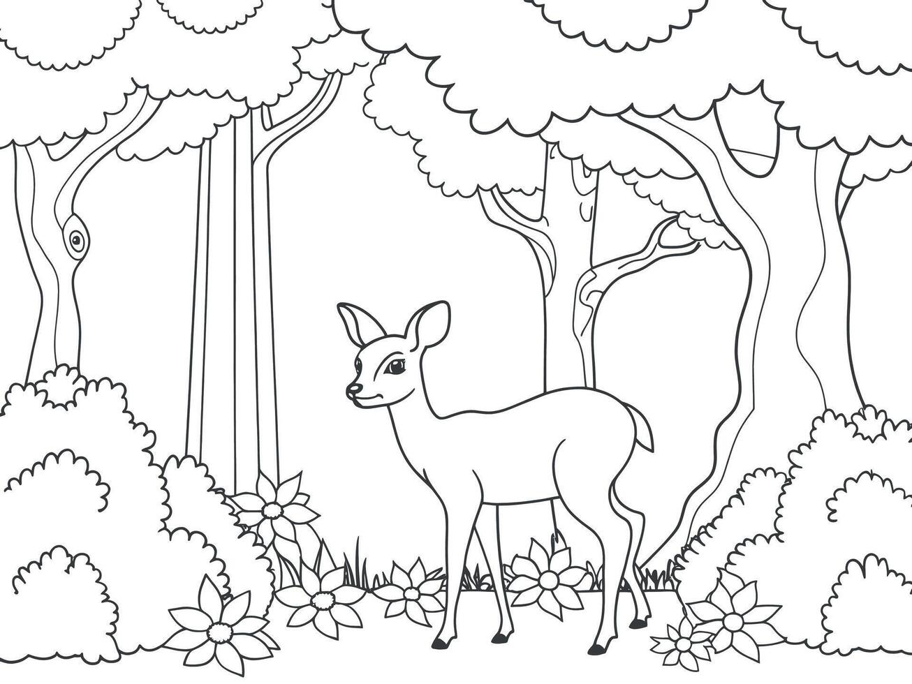 A charming black and white illustration of a deer in a serene forest setting. vector
