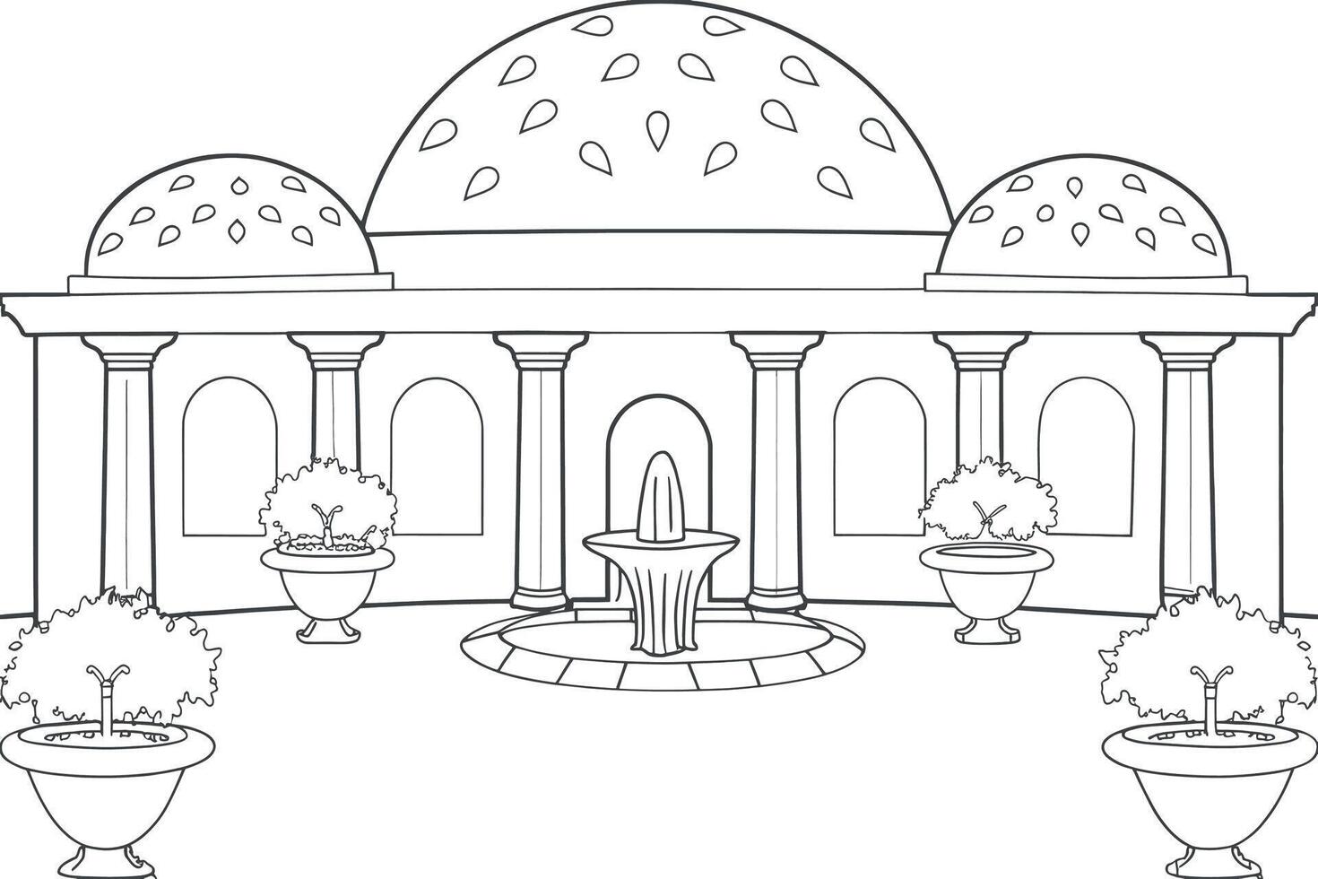 Elegant Grecian-Style Courtyard with Fountain and Planted Pots vector
